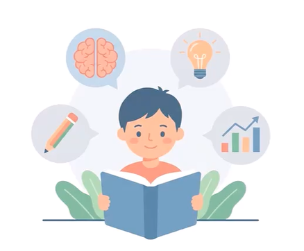 Ilustración de comprensión lectora: niño leyendo